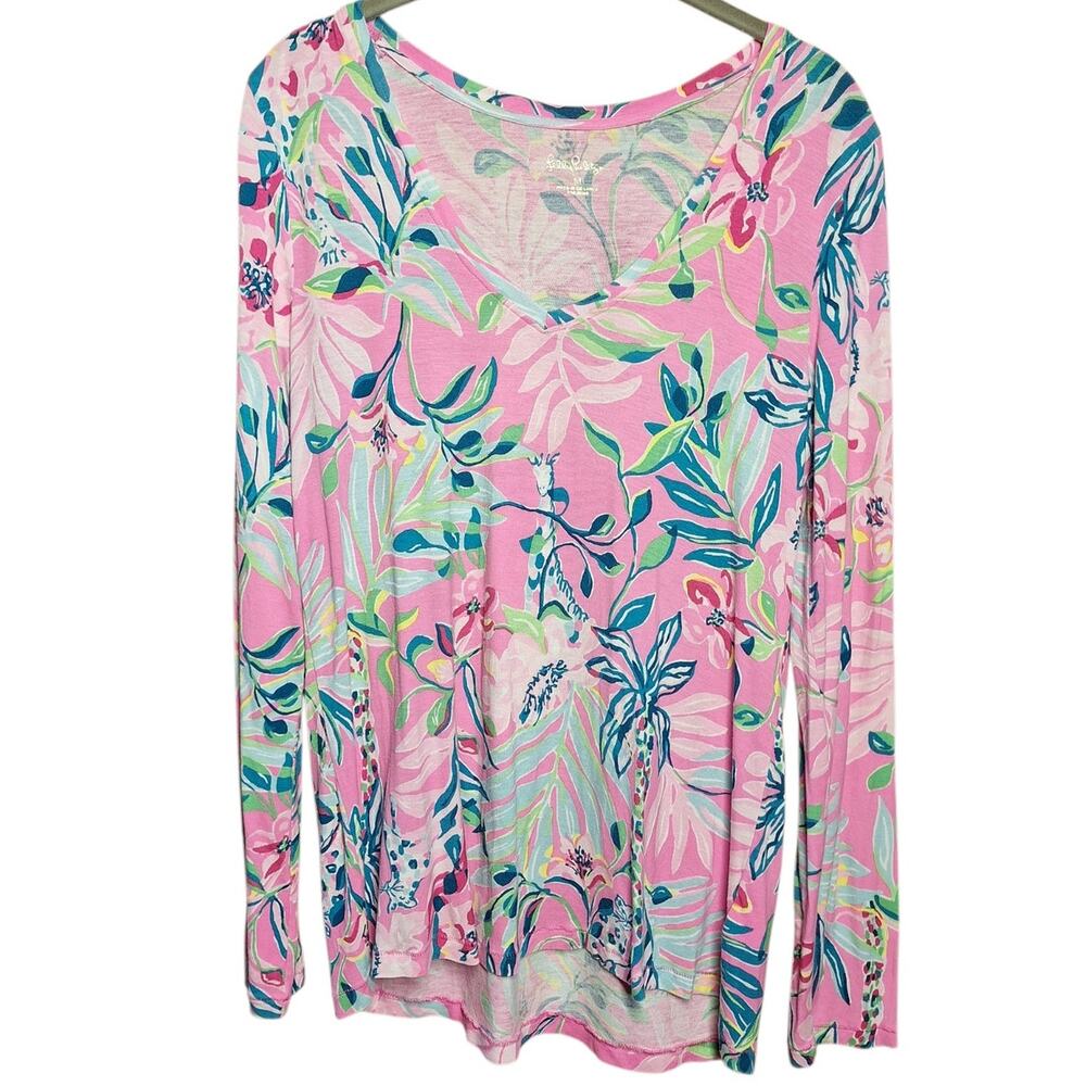 Lilly Pulitzer Etta V-Neck Top vibrant pink floral print tropical long sleeve